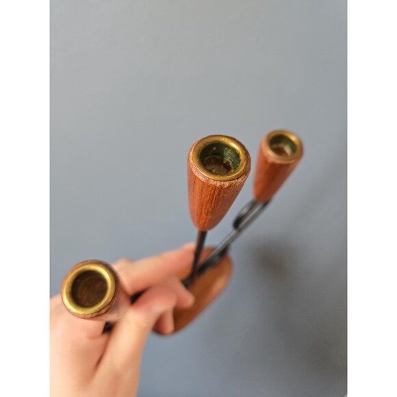 Danish Teak Three Arm Candleholder Luthje Denmark Modernist Brass Metal and Wood - Picture 7 of 10